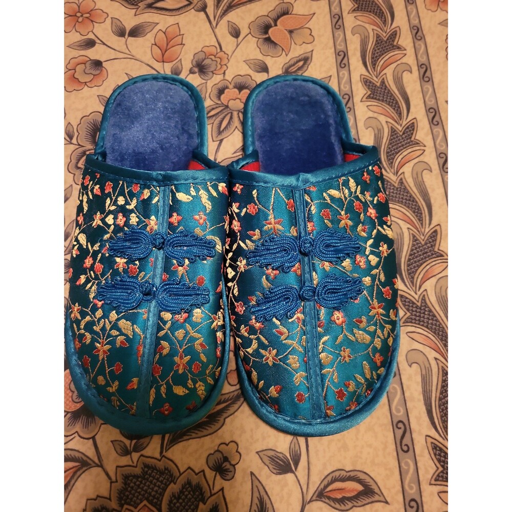 Blue Slippers with Floral Design